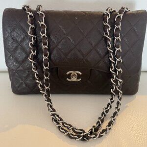 AUTH CHANEL SINGLE FLAP JUMBO BAG BROWN CAVIAR SILVER HARDWARE RARE 12 SERES